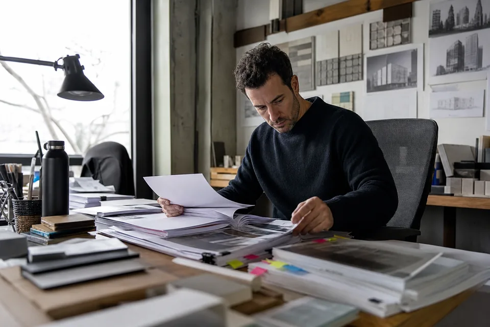 Project architect sorting printed submittal packages into review piles at a shared desk in an architecture firm