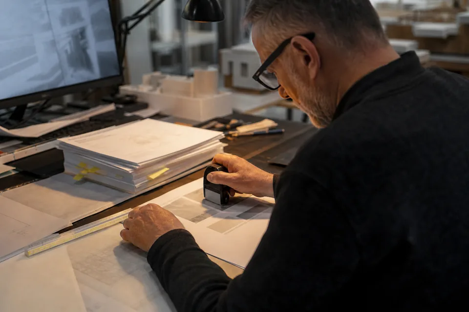 Architect pressing a review stamp onto a printed product data sheet at a drafting desk with a stack of submittal packages