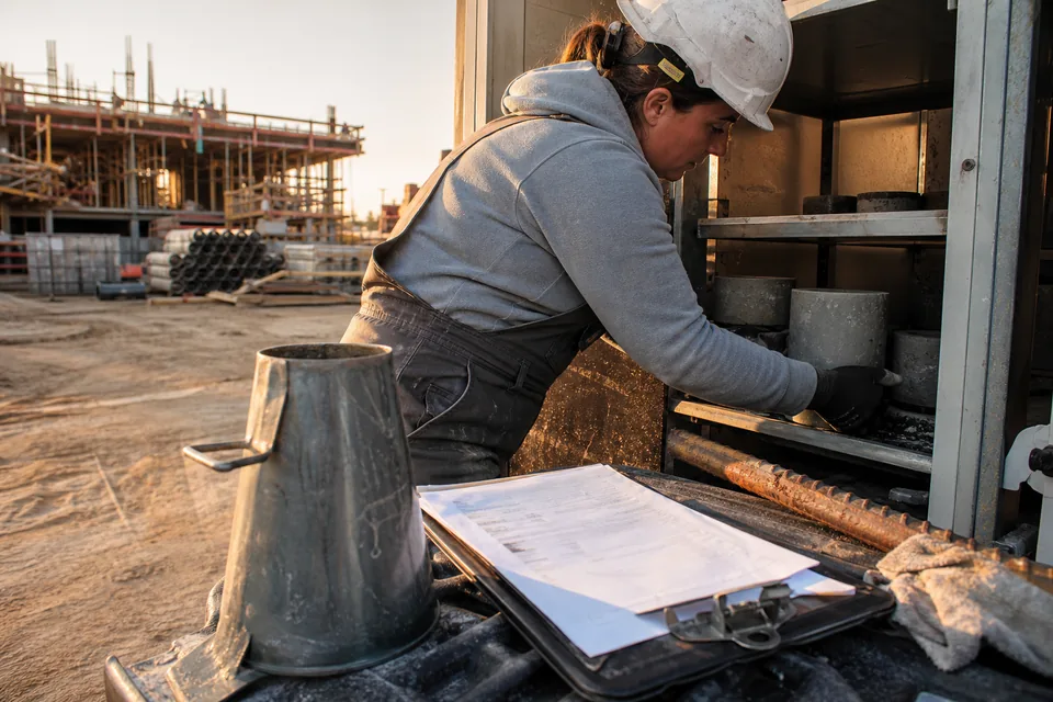 Field testing technician placing a concrete cylinder sample into a curing box next to a test report clipboard