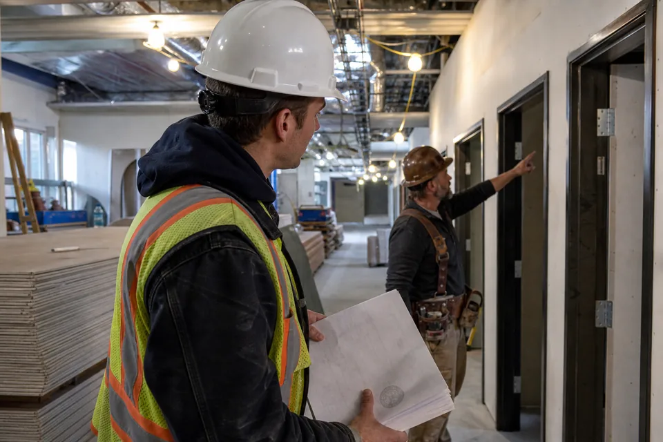 Assistant superintendent holding a stamped submittal package while a foreman points at installed door frames