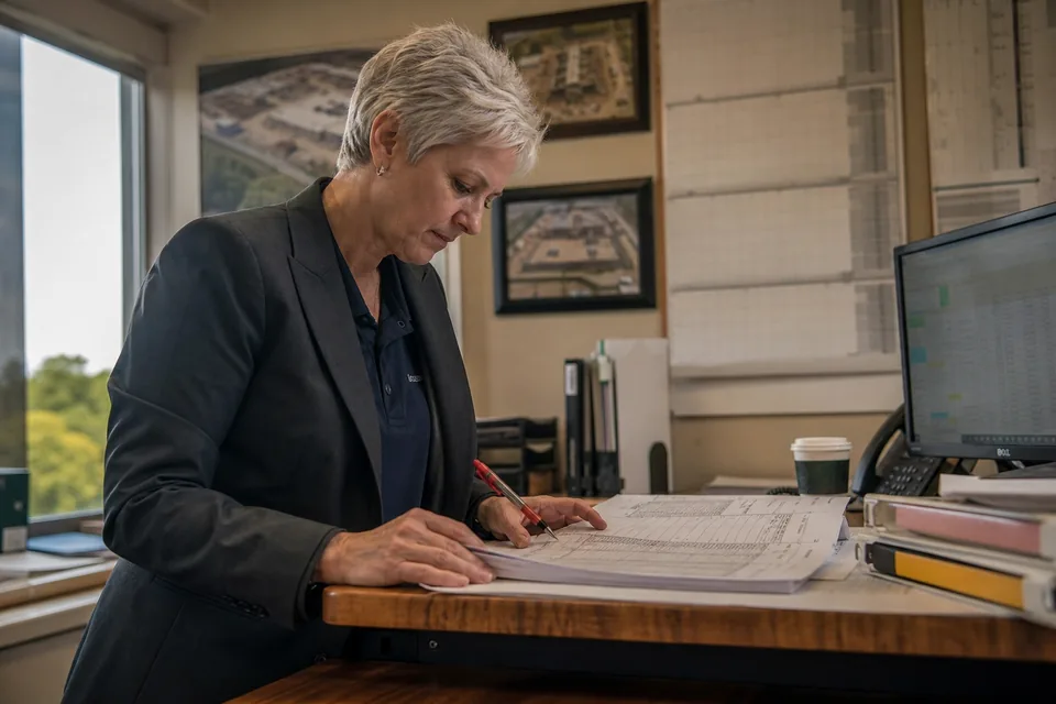 Operations lead at a general contractor reviewing a printed submittal log with a red pen in an office with project schedules on the wall