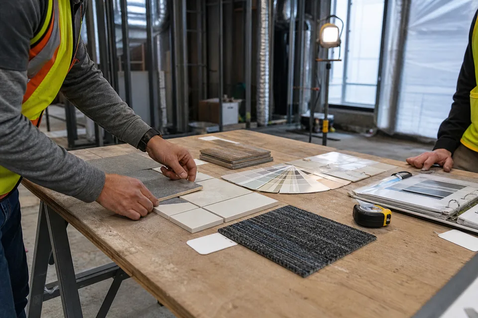Finish sample boards of tile, paint chips and laminate laid out on a plywood jobsite table with a spec binder open beside them