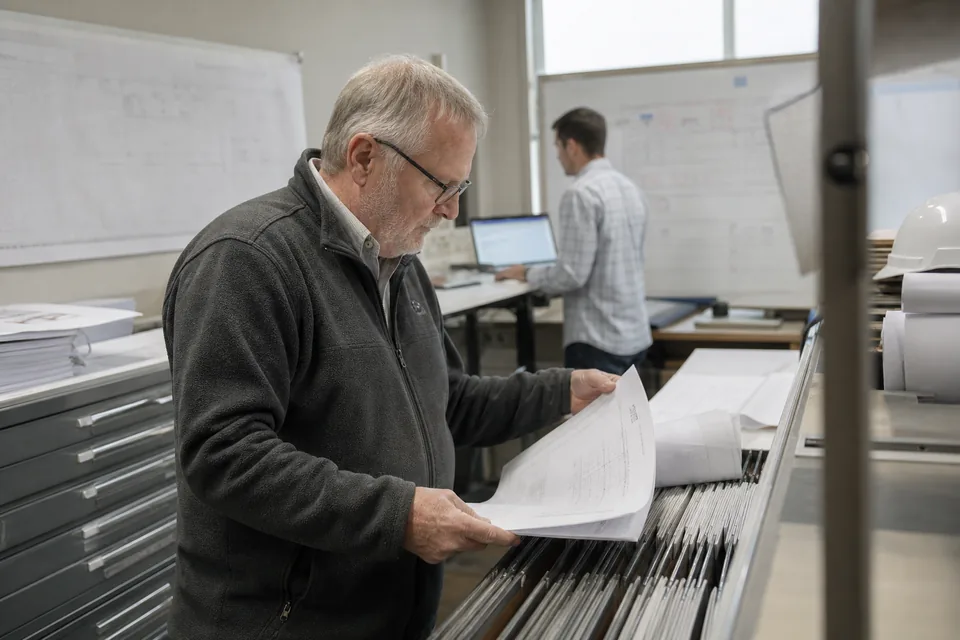 Document controller filing a stamped drawing set into a hanging plan rack in a jobsite plan room