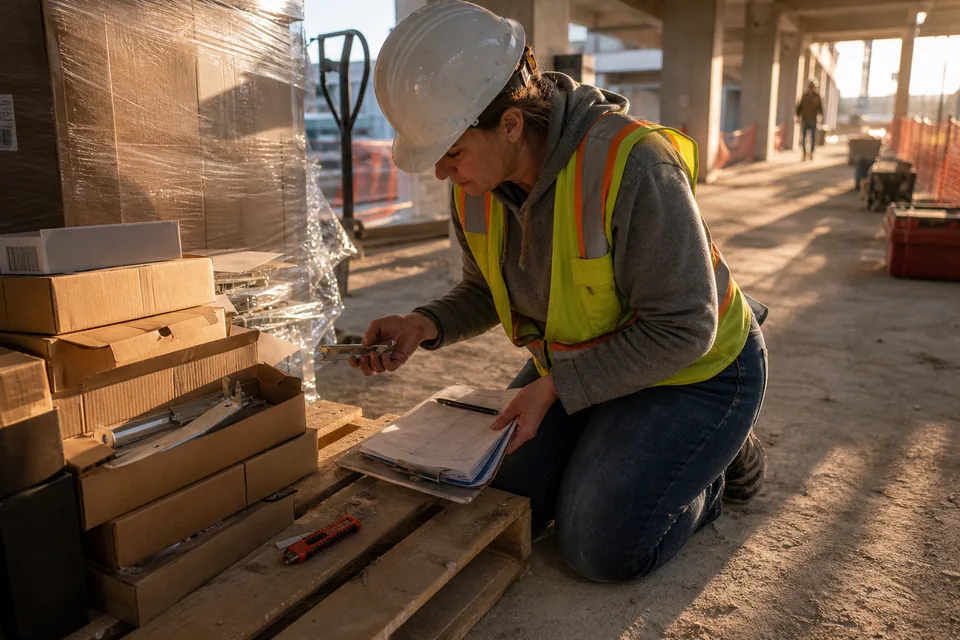 Superintendent on a loading dock comparing boxed door hardware on a pallet with a stamped submittal printout on a clipboard