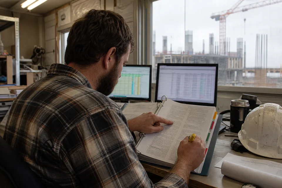 Project engineer at a site trailer desk reading one section of an open project manual binder with tabbed dividers, two monitors and a hard hat beside it