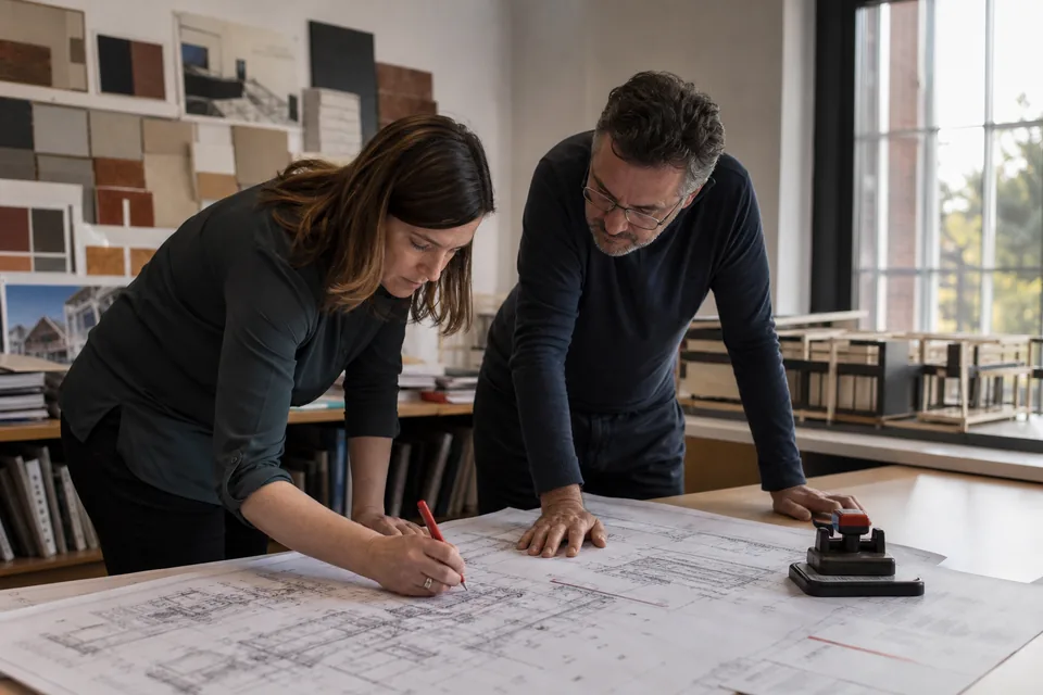 Architect and MEP engineer reviewing a large mechanical shop drawing and marking it with a red pencil
