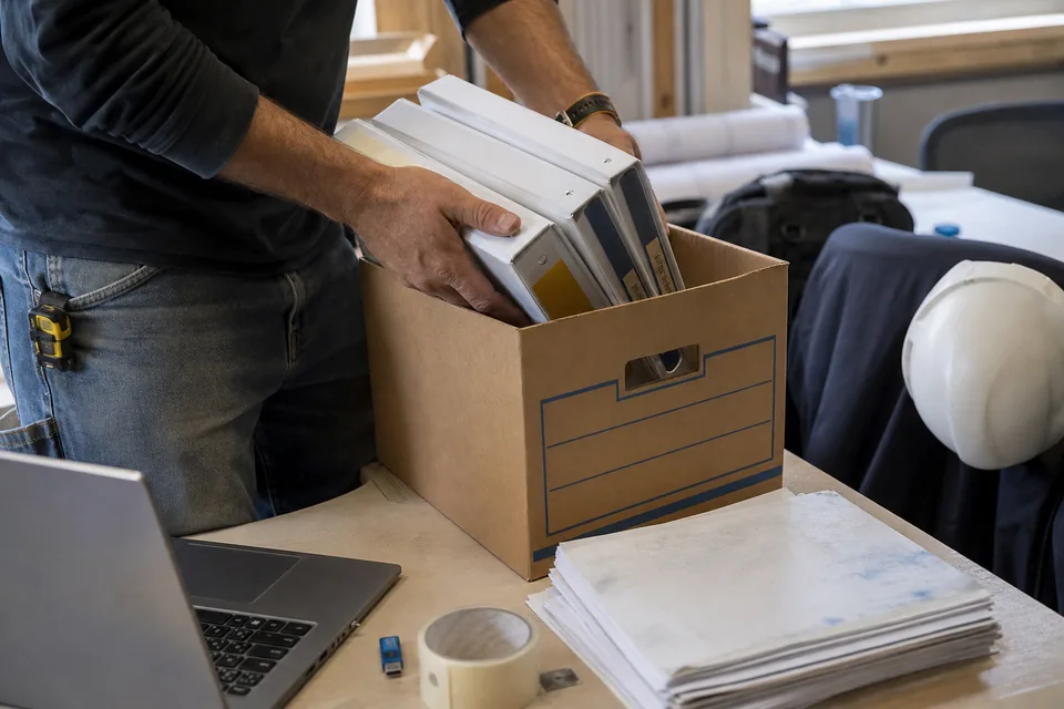 Labeled closeout binders being packed into a box next to a laptop in a general contractor office for owner turnover