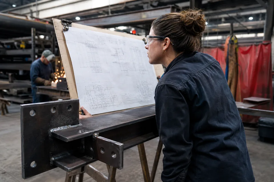 Steel detailer in a fabrication shop comparing a printed connection shop drawing with a cut steel beam